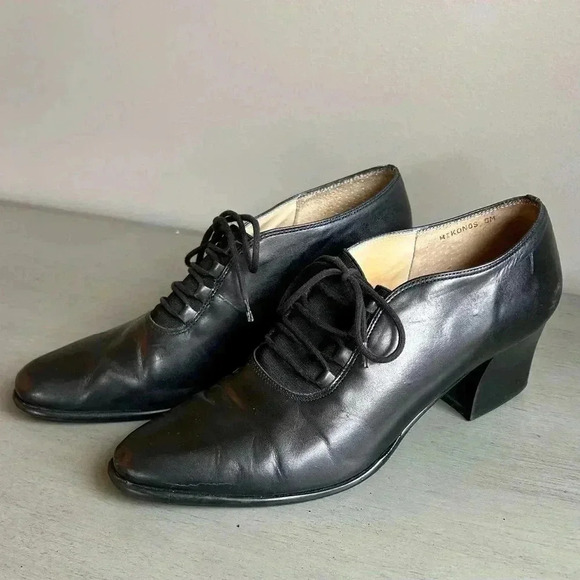 Jennifer Moore Leather Pointed Toe Lace Up Black Block Heels Women Size 9 Brazil - Picture 1 of 14